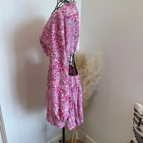 Sky to Moon Pink Floral Long Sleeve Cut Out Dress Medium- cottage, romantic